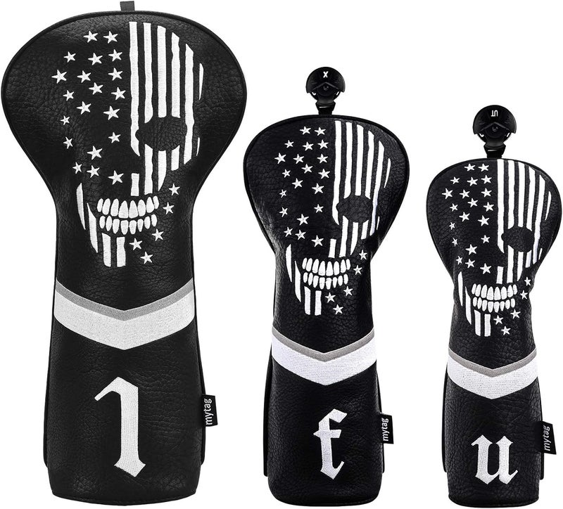 caiobob mytag Skull Skeleton Golf Head Covers Black Synthetic Leather Golf Headcovers Set Fits Driver Fairway Wood Hybrid/Utility Putter Iron Wedge Headcover - Image 1